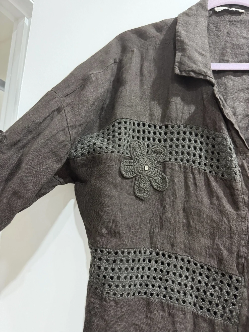 Crochet Panel Button-Front Linen Shirt Jacket - Brown one size fits all